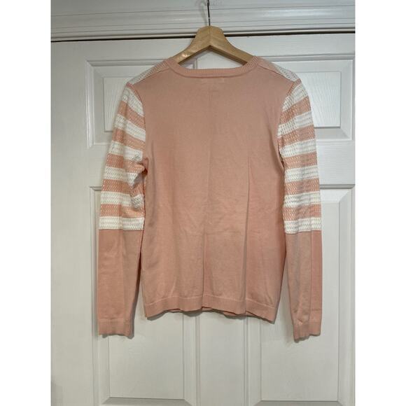 Calvin Klein Soft Pink White Lightweight Cotton Cardigan Sweater M Striped Prep - Picture 3 of 7